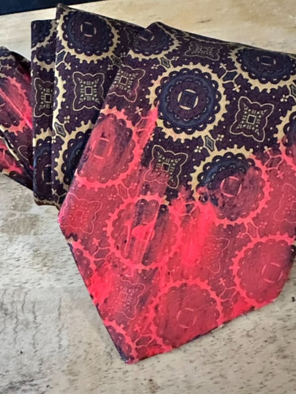 Chanel Silk Tie Mens Necktie Silk Medallion Red Brown Painterly Abstract Handmad